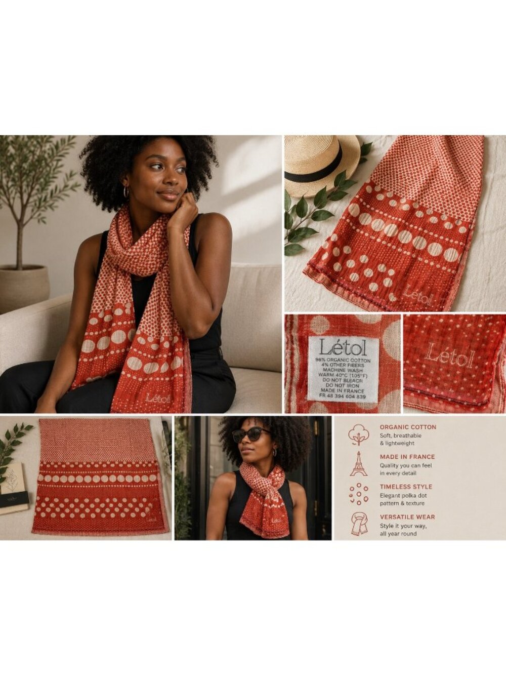 Létol France Organic Cotton Polka Dot Scarf Red Cream Lightweight Wrap